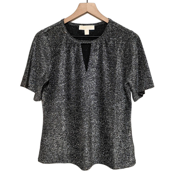 Michael Michael Kors Womens Metallic Short Sleeve Top Size M Black Silver - Picture 1 of 4